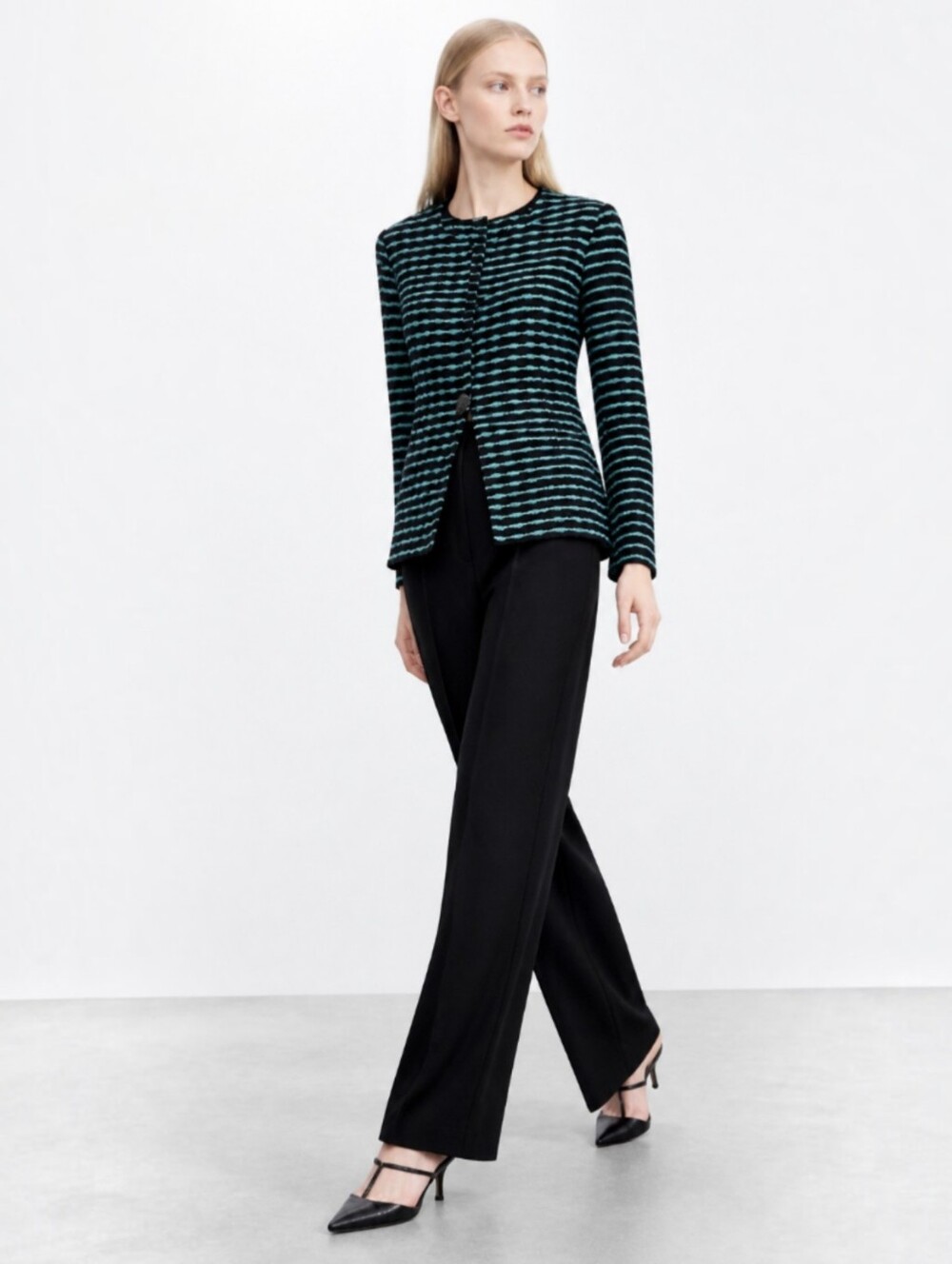 Misook Knit Cardigan Jacket Wave Knit One Button Slit Cuff Aqua Blue Black Large